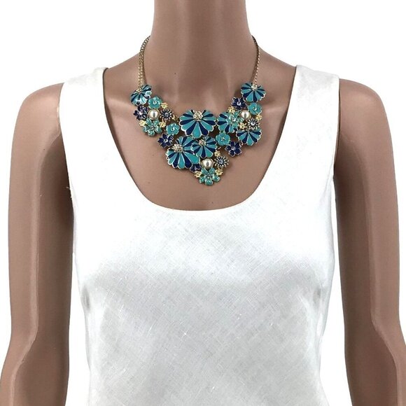 Amrita Singh Necklace Blue Navy Stripe Flowers Rhinestone Accent Faux Pearls - Picture 2 of 2